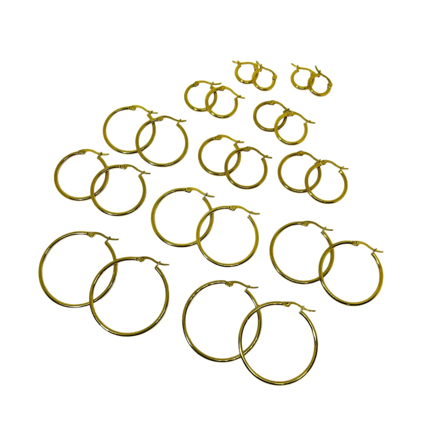 pack 12 pares de aros dorado (2x15mm , 2x20mm, 2x25mm, 2x30mm, 2x35mm, 2x40mm)