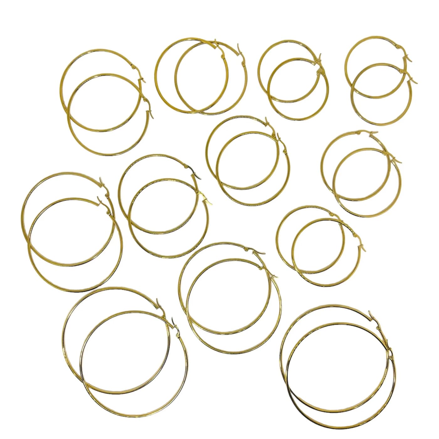pack 12 pares de aros dorado (2x45mm , 2x50mm, 2x55mm, 2x60mm, 2x70mm, 2x80mm