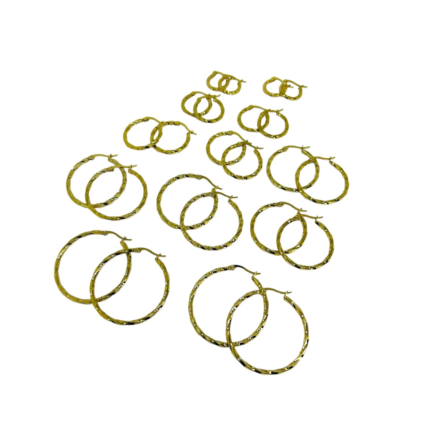 pack 12 pares de aros trenzado dorado (2x15mm , 2x20mm, 2x25mm, 2x30mm, 2x35mm, 2x40mm)