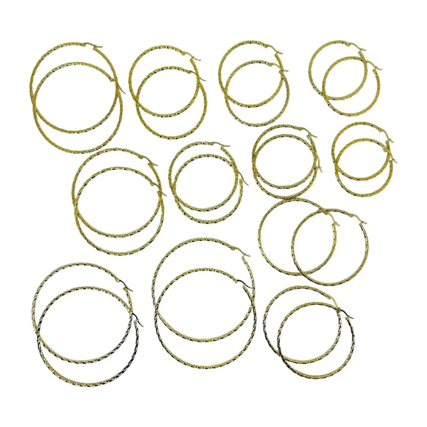 pack 12 pares de aros trenzado dorado (2x45mm , 2x50mm, 2x55mm, 2x60mm, 2x70mm, 2x80mm)