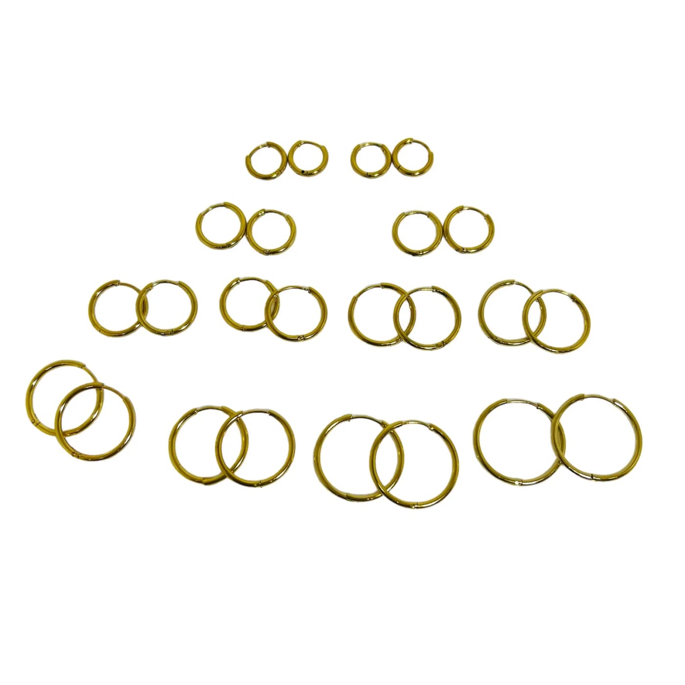 pack 12 pares de aros dorado (2x10mm, 2x12mm , 2x14mm, 2x16mm, 2x18mm, 2x20mm)