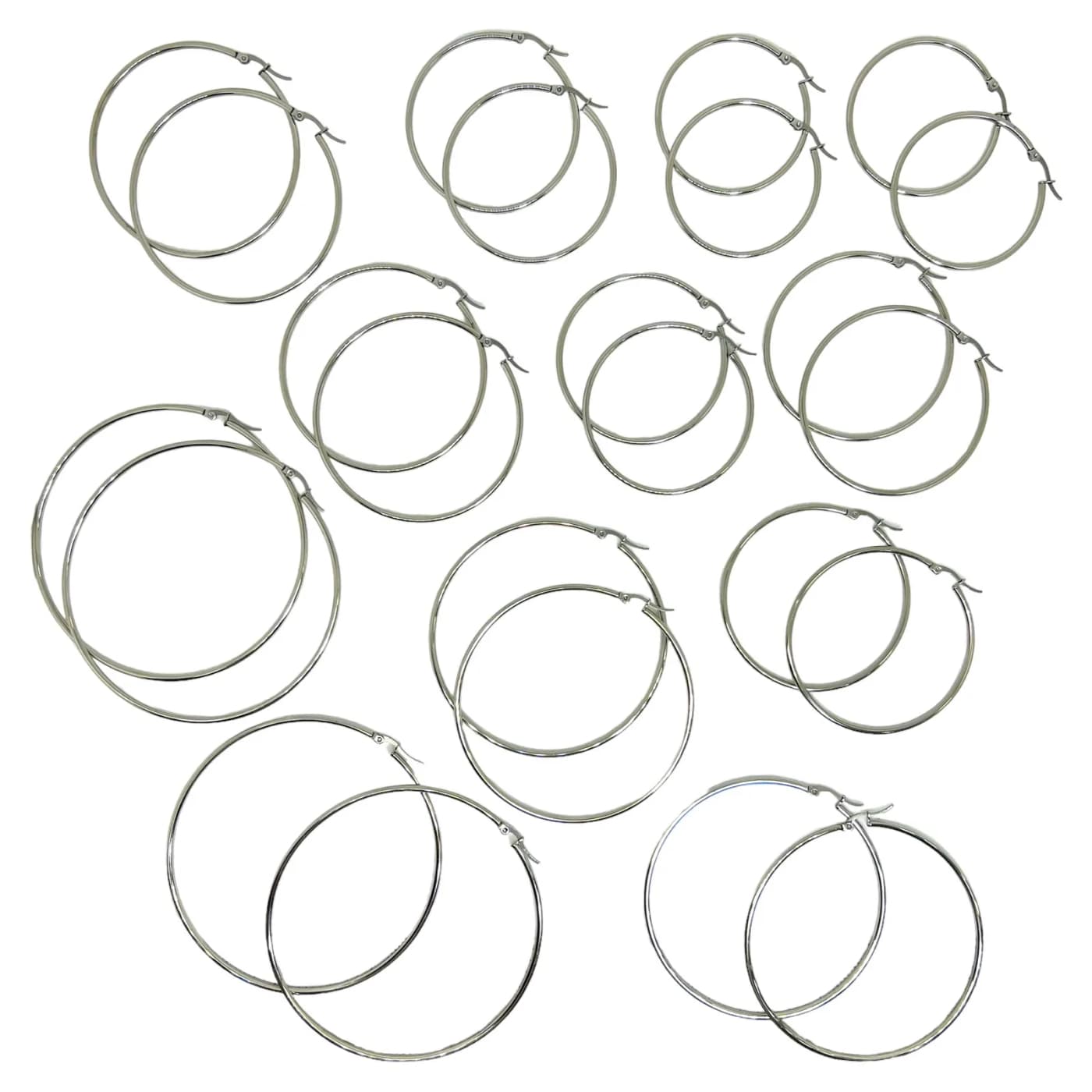 pack 12 pares de aros plateado (2x45mm, 2x50mm , 2x55mm, 2x60mm, 2x70mm, 2x80mm)