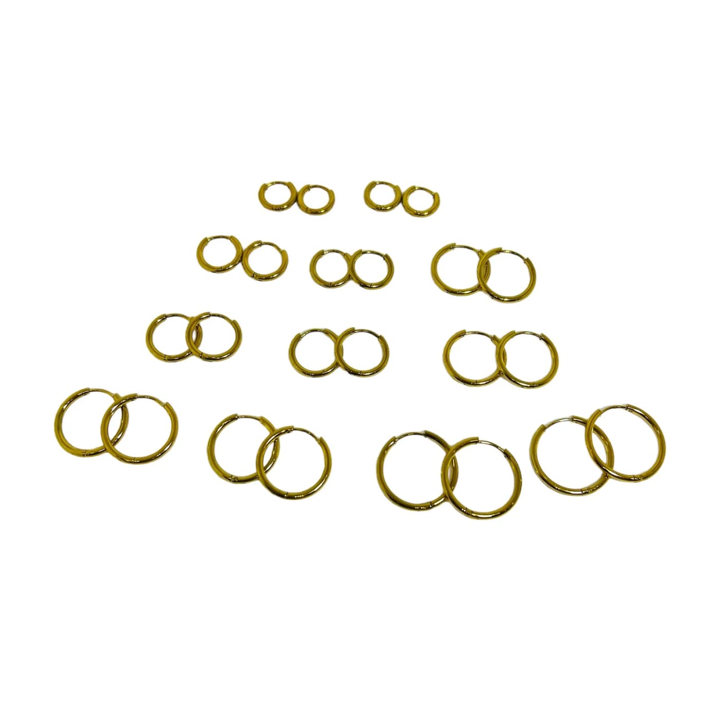 pack 12 pares de aros dorado (2x10mm, 2x12mm , 2x14mm, 2x16mm, 2x18mm, 2x20mm)