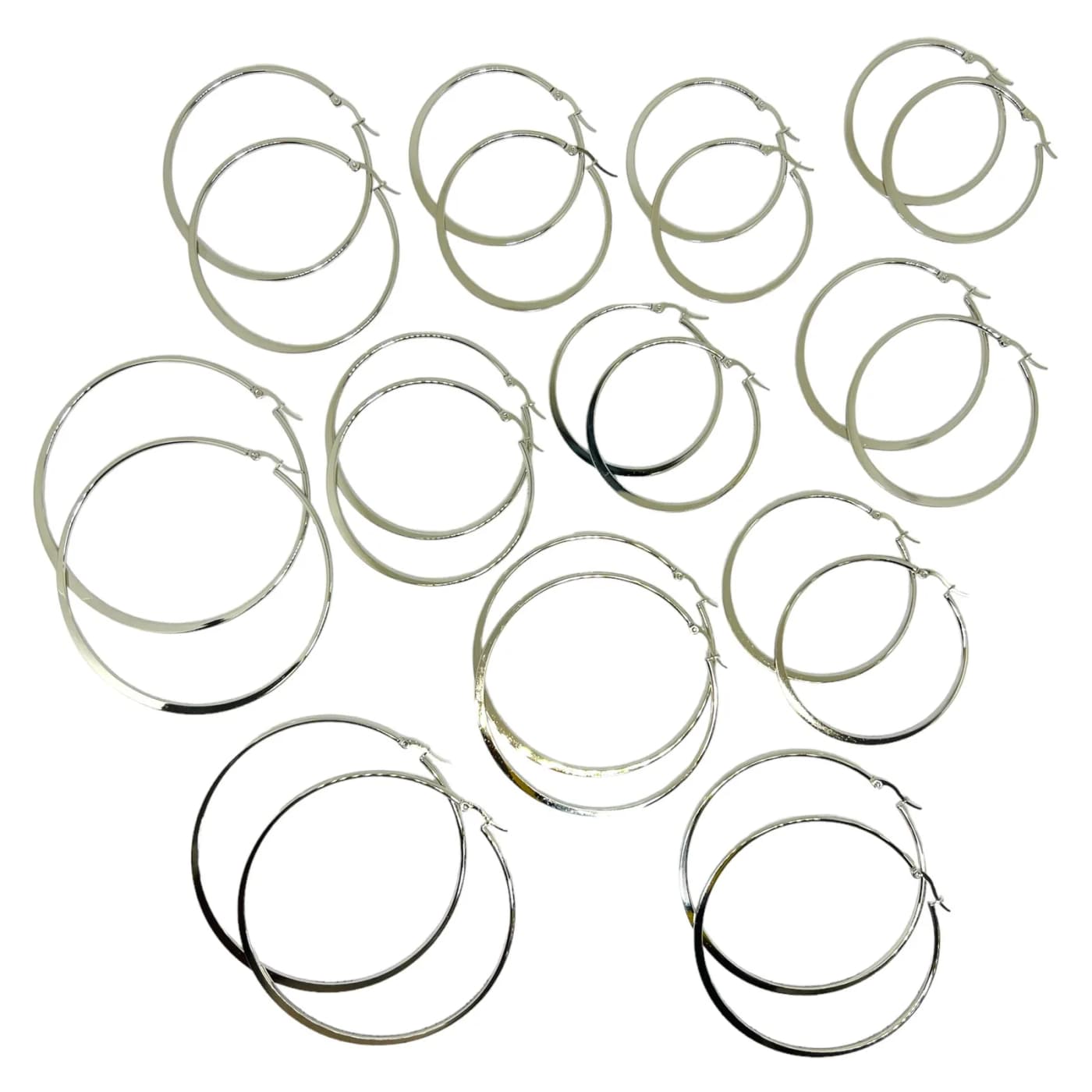 pack 12 pares de aros plateado (2x45mm, 2x50mm , 2x55mm, 2x60mm, 2x70mm, 2x80mm)