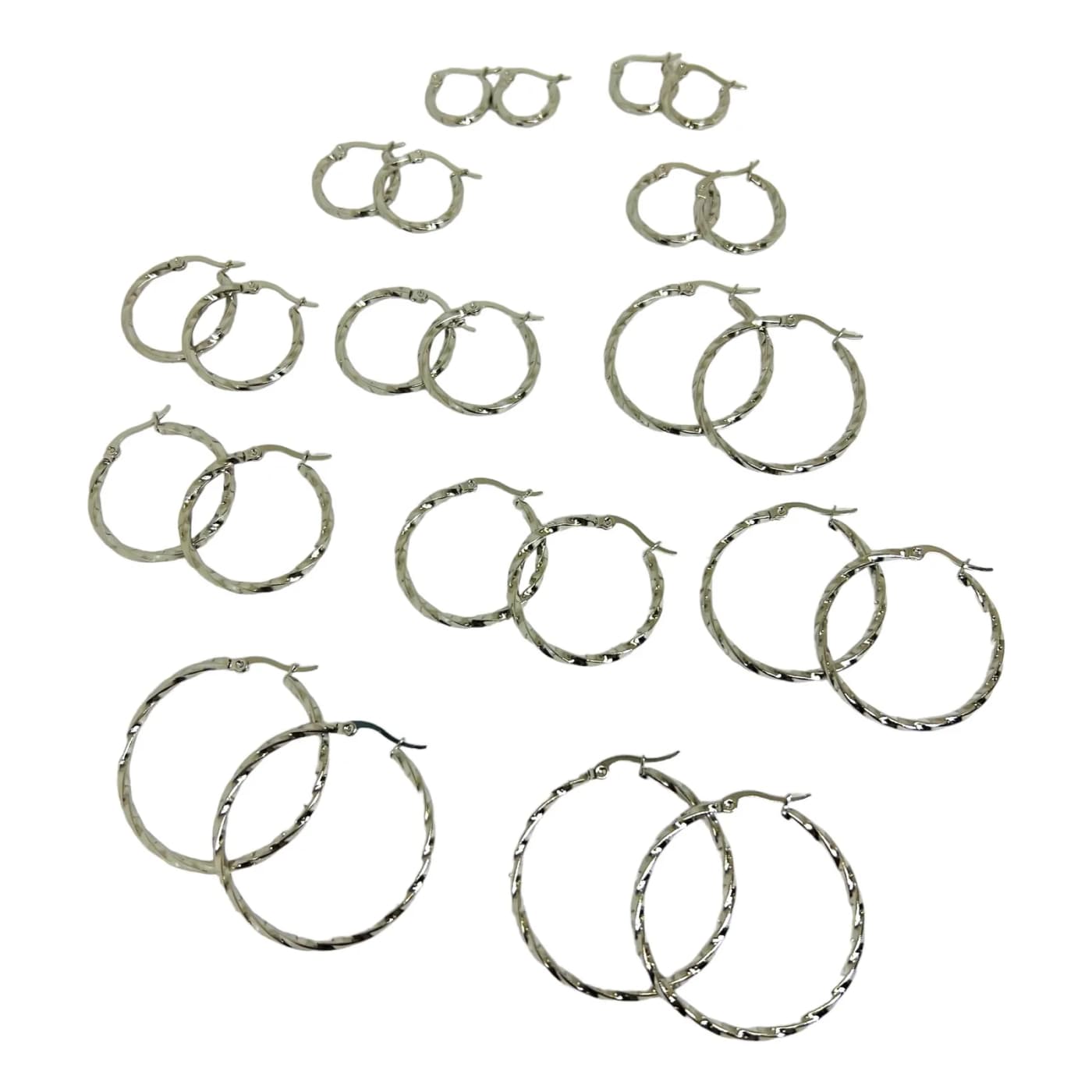 pack 12 pares de aros trenzado plateado (2x15mm, 2x20mm , 2x25mm, 2x30mm, 2x35mm, 2x40mm)