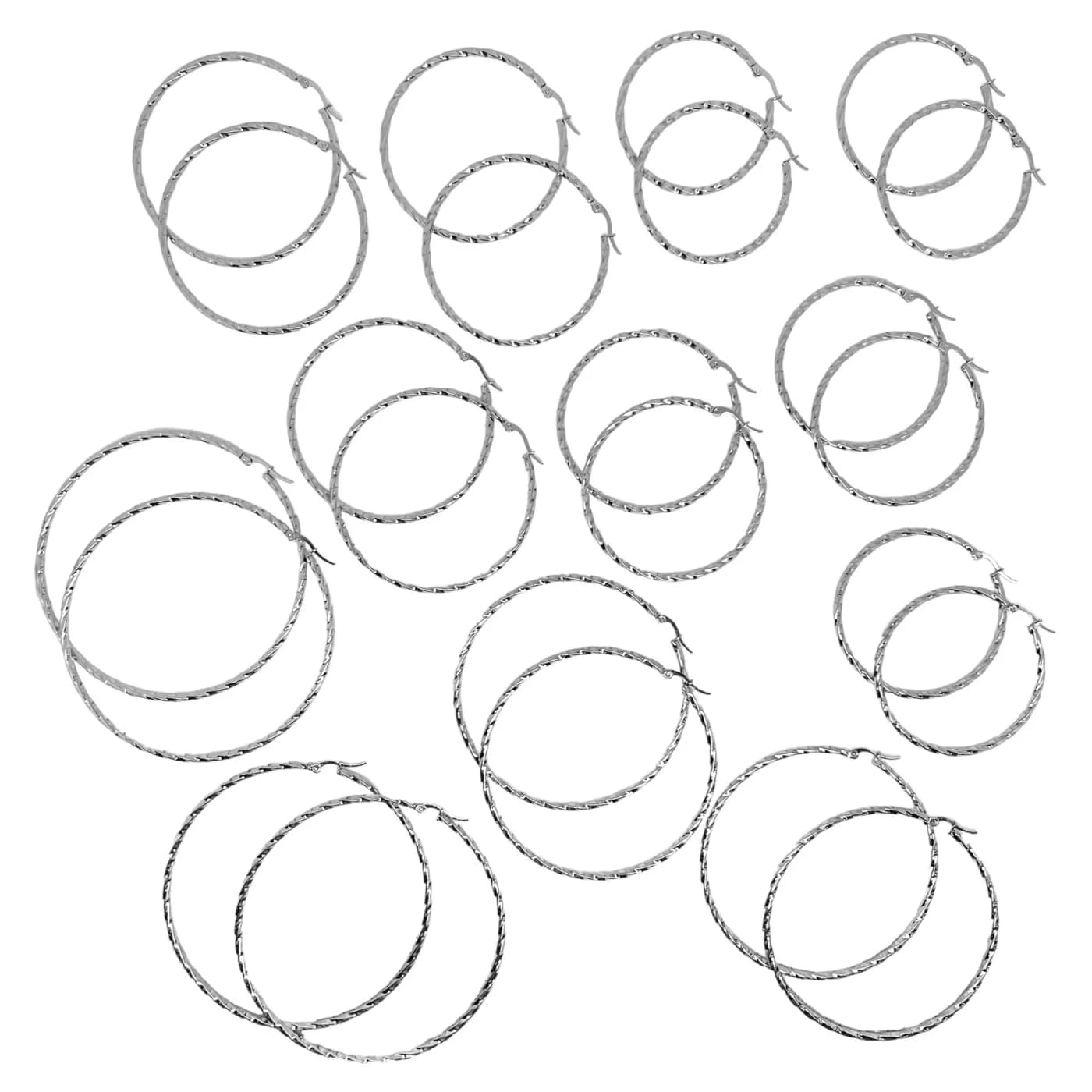 pack 12 pares de aros trenzado plateado (2x45mm, 2x50mm , 2x55mm, 2x60mm, 2x70mm, 2x80mm)