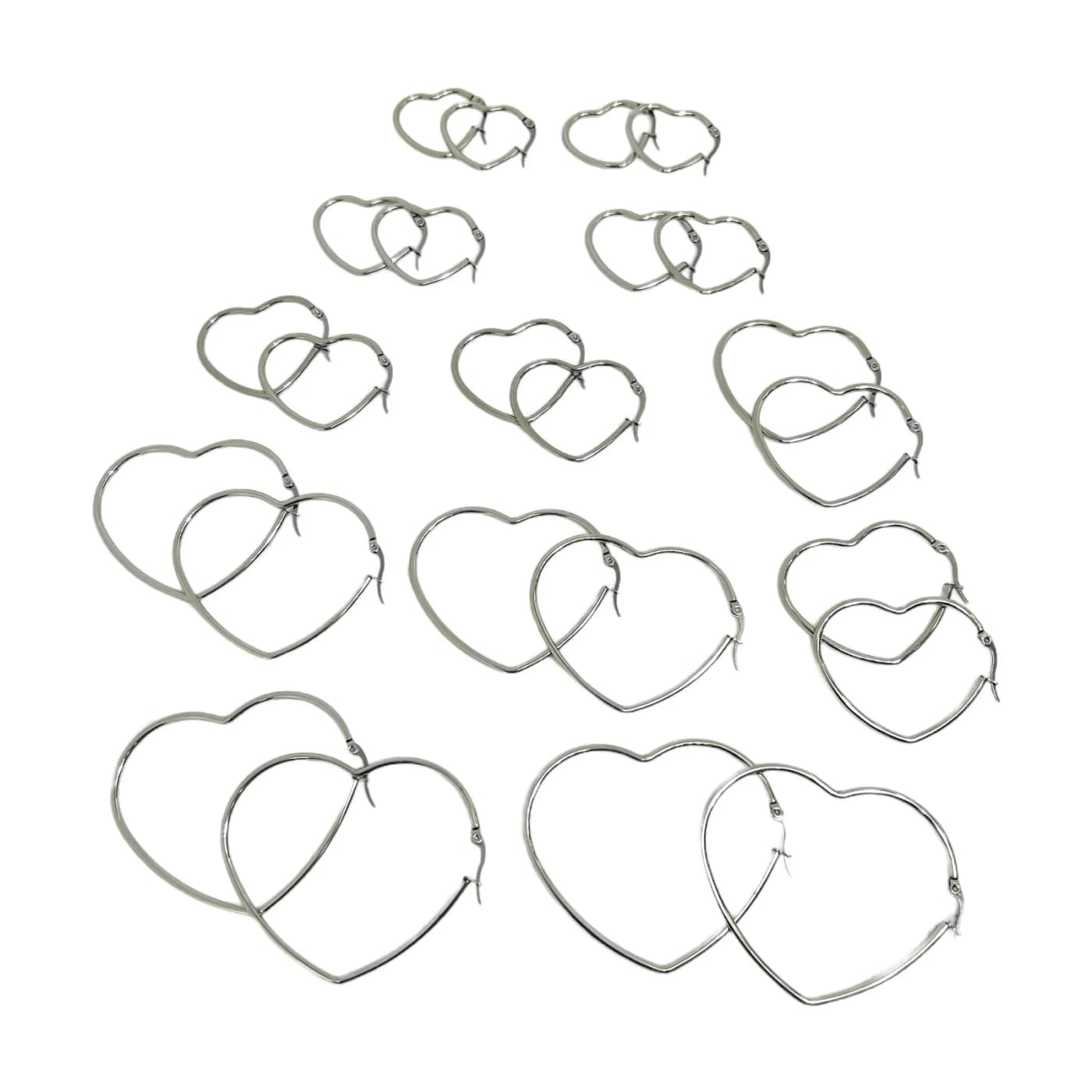 pack 12 pares de aros corazon plateado (2x25mm, 2x30mm, 2x35mm, 2x40mm, 2x45mm, 2x50mm)