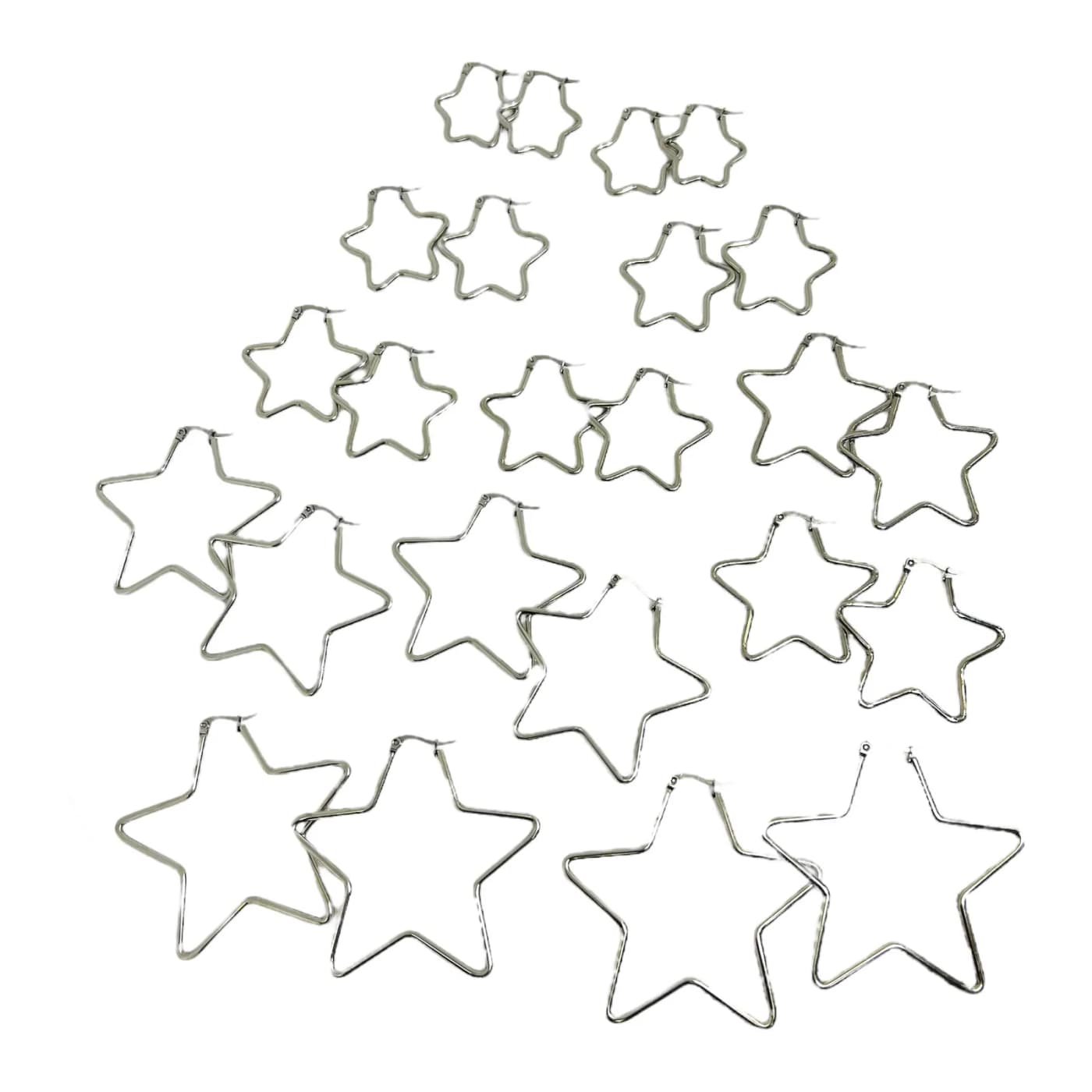 pack 12 pares de aros estrella plateado (2x40mm, 2x45mm, 2x50mm, 2x55mm, 2x60mm, 2x70mm)