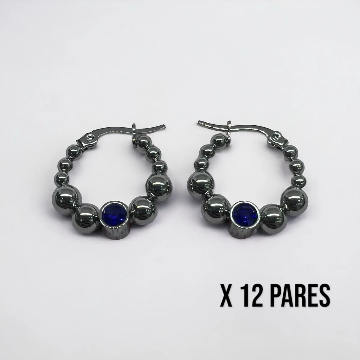 Pack 12 aritos plata con joya azules (20mm)