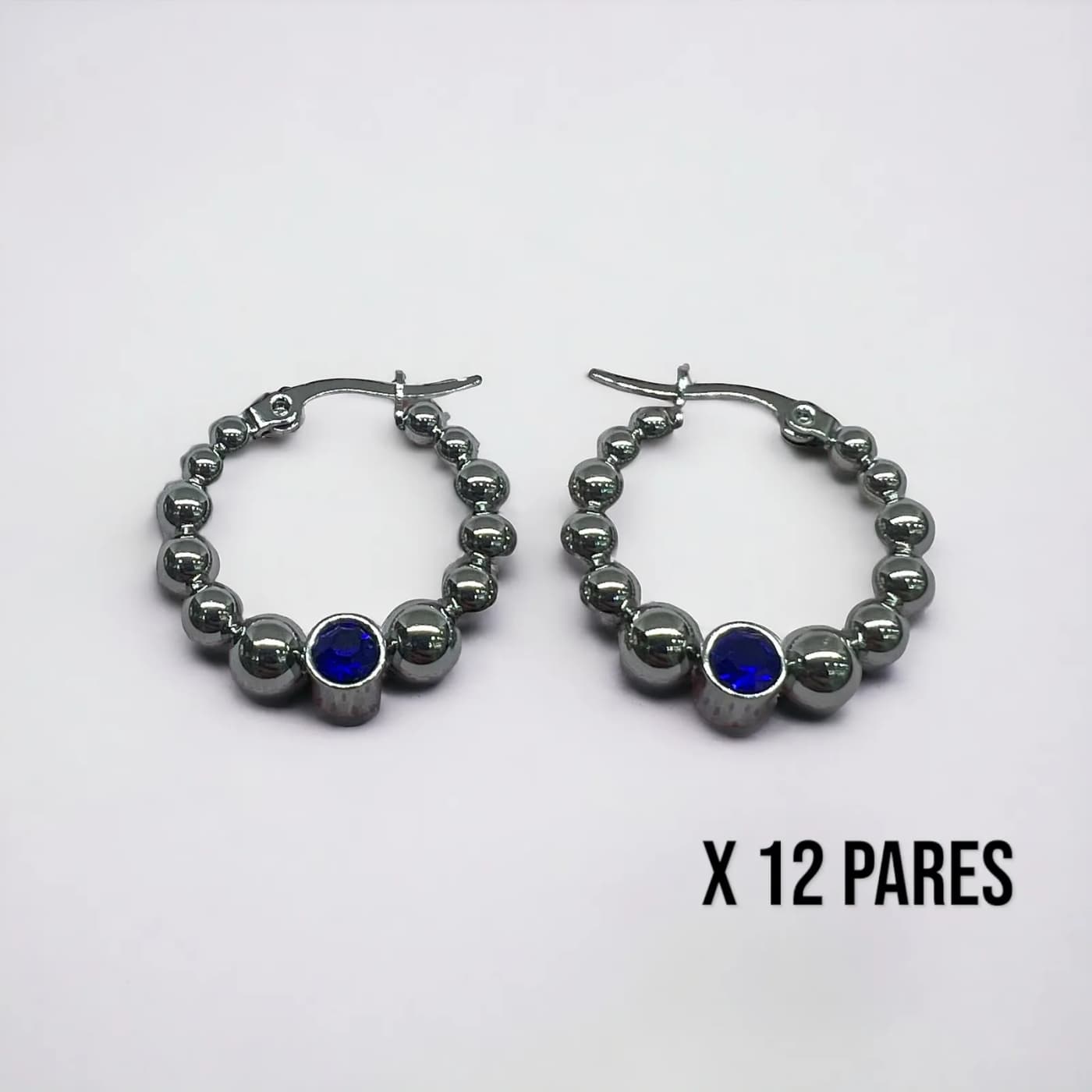 Pack 12 aritos plata con joya azules (25mm)