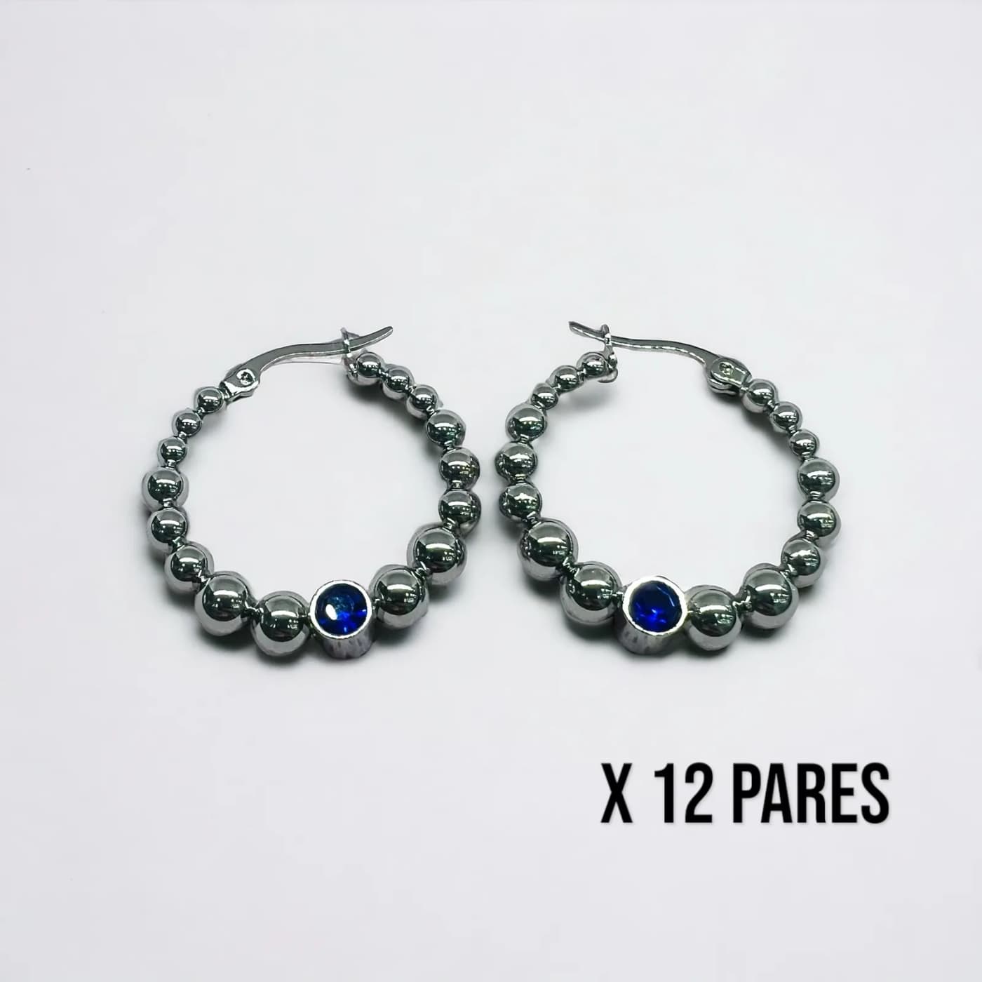 Pack 12 aritos plata con joya azules (30mm)