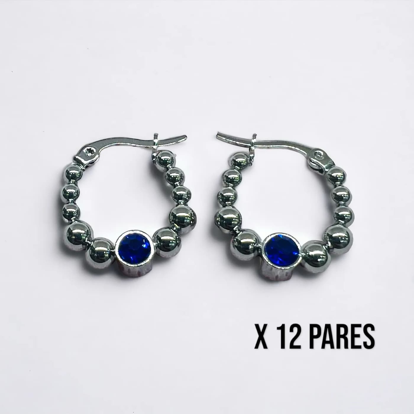 Pack 12 aritos plata con joya azules (20mm)
