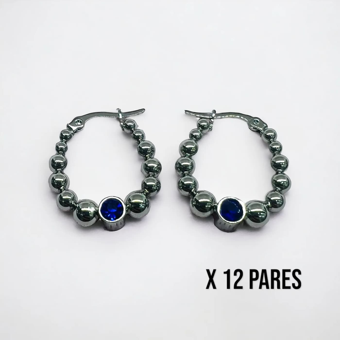 Pack 12 aritos plata con joya azules (25mm)