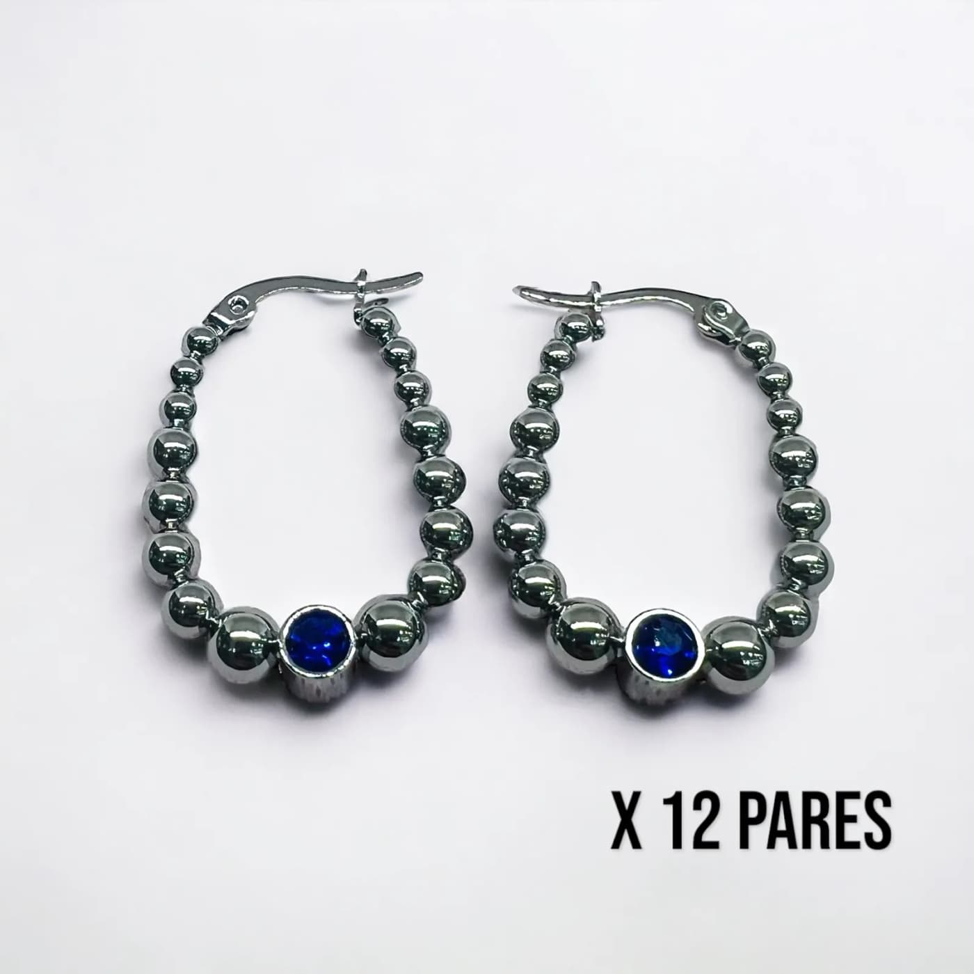 Pack 12 aritos plata con joya azules (30mm)