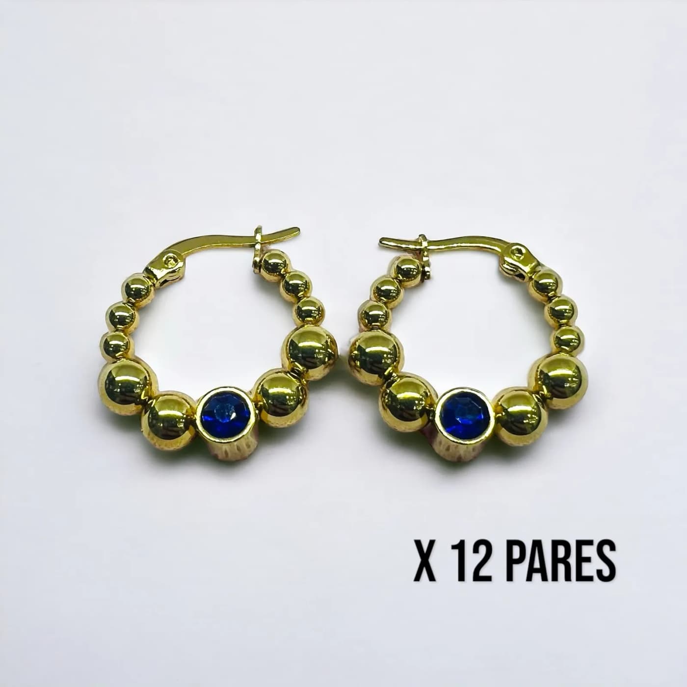 Pack 12 aritos dorado con joya azules (20mm)