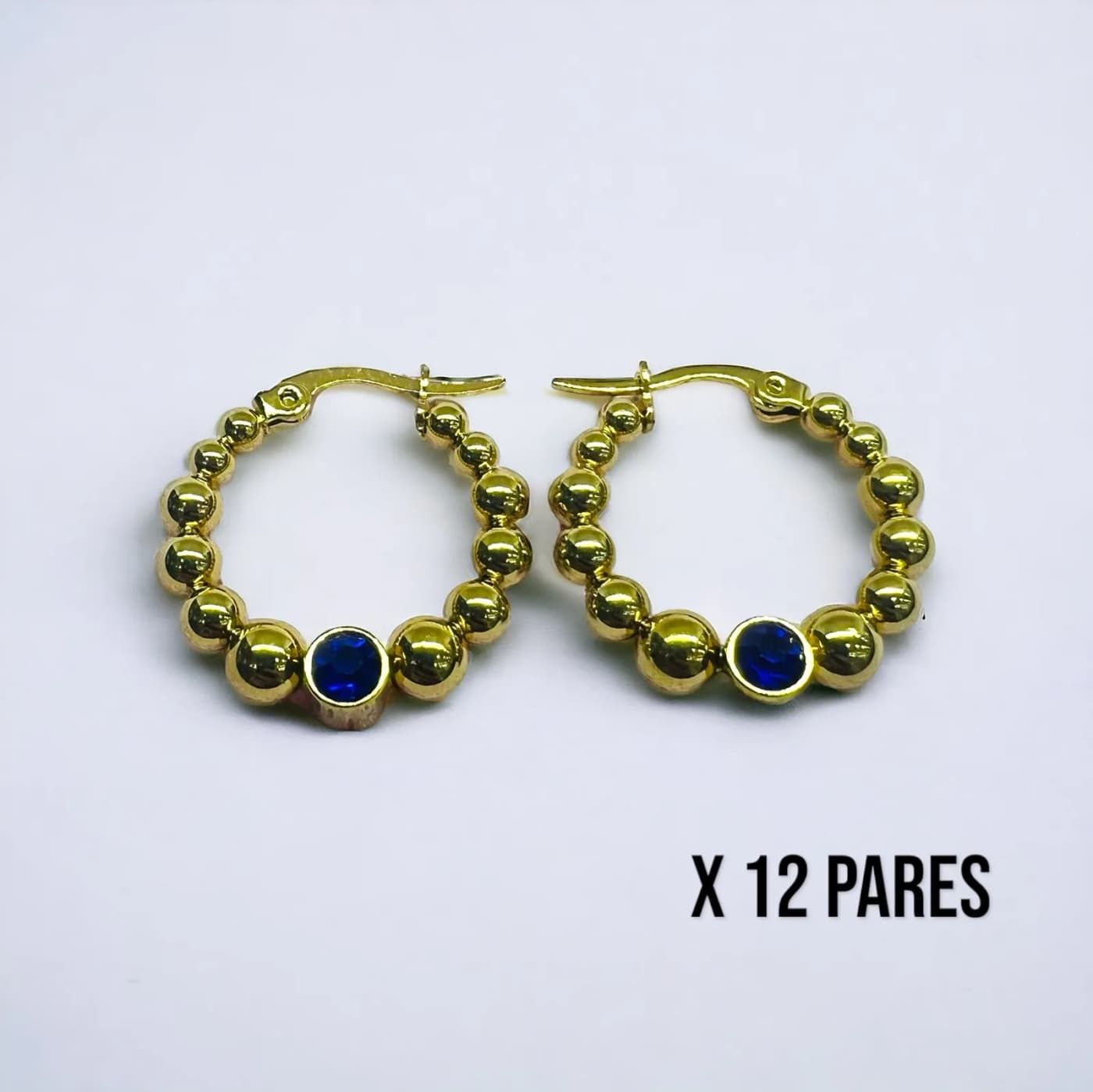Pack 12 aritos dorado con joya azules (25mm)