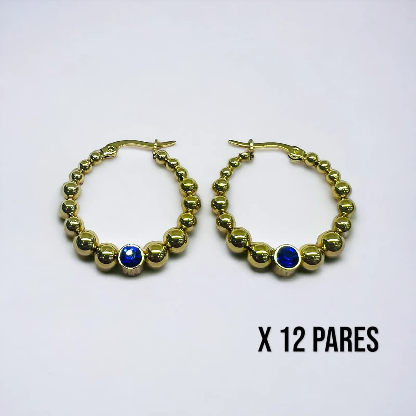 Pack 12 aritos dorado con joya azules (30mm)