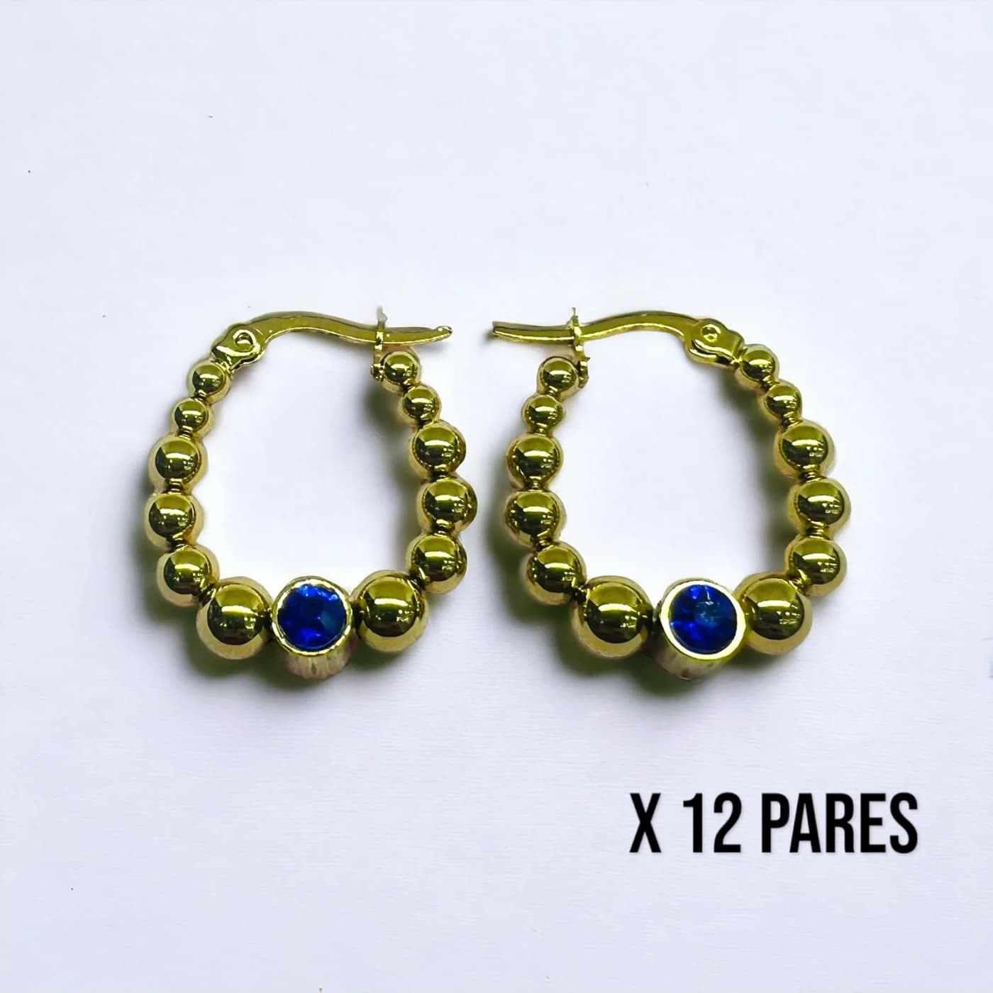 Pack 12 aritos dorado con joya azules (25mm)