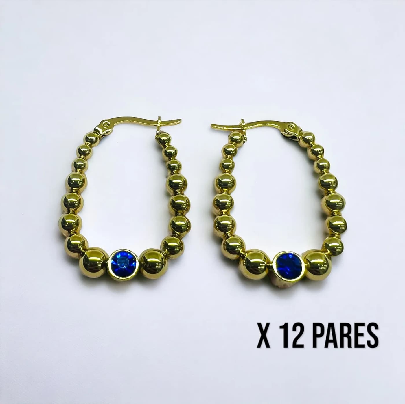 Pack 12 aritos dorado con joya azules (30mm)