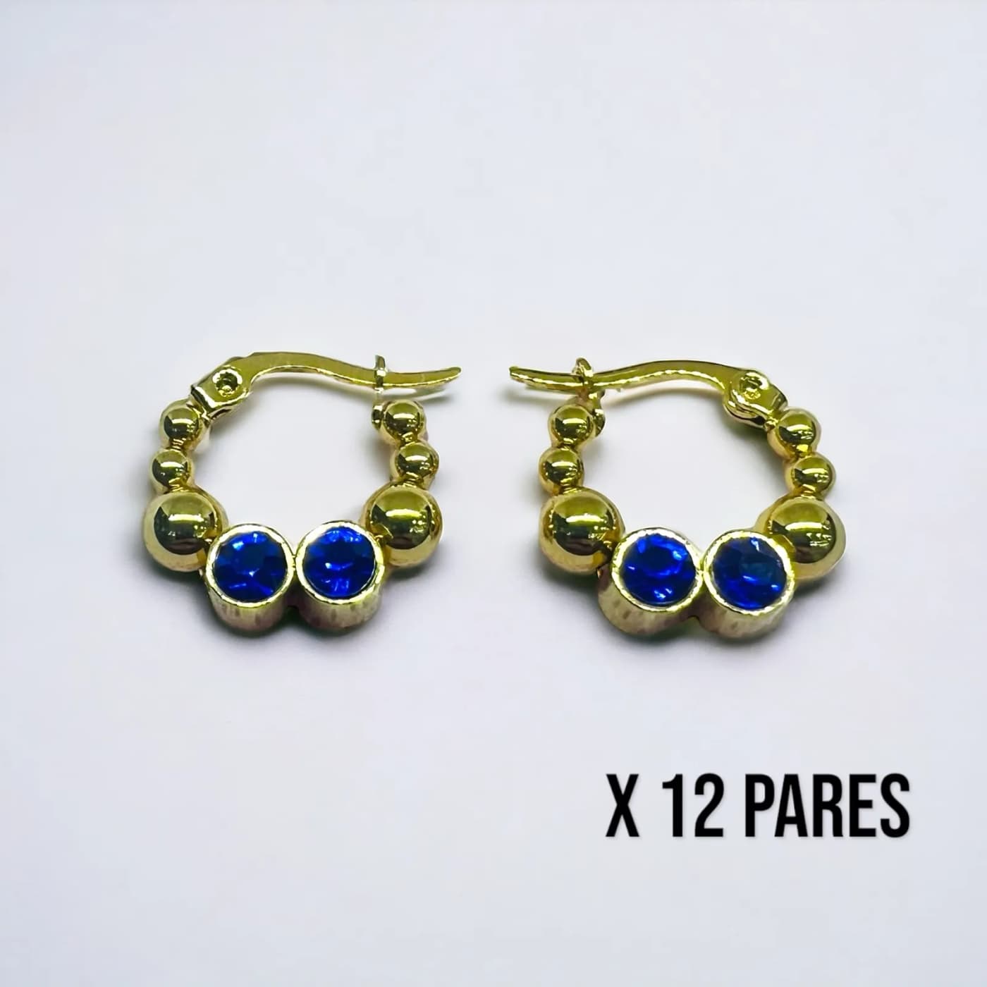 Pack 12 aritos dorado con joya azules (25mm)