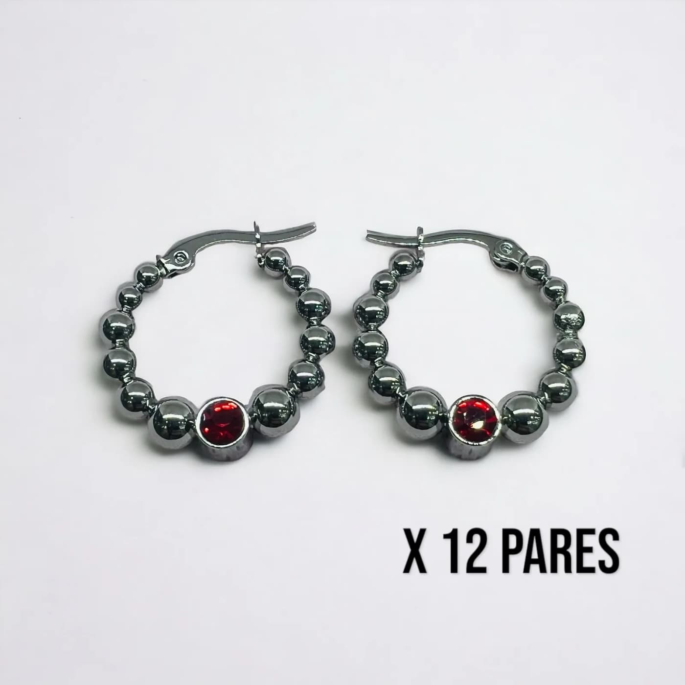 Pack 12 aritos plata con joya rojo (25mm)
