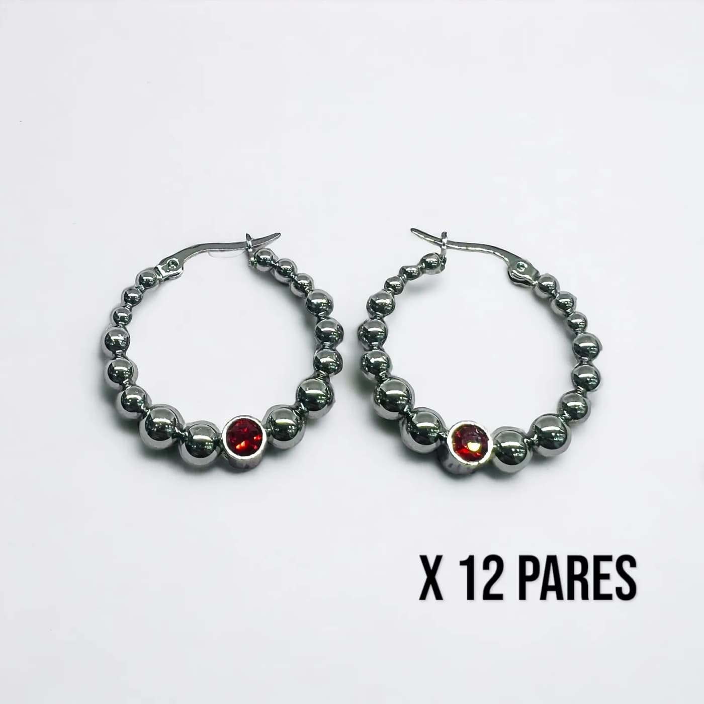 Pack 12 aritos plata con joya rojo (30mm)