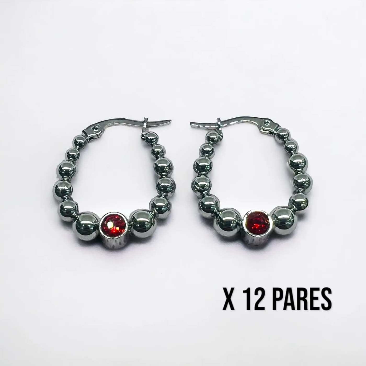 Pack 12 aritos plata con joya rojo (25mm)