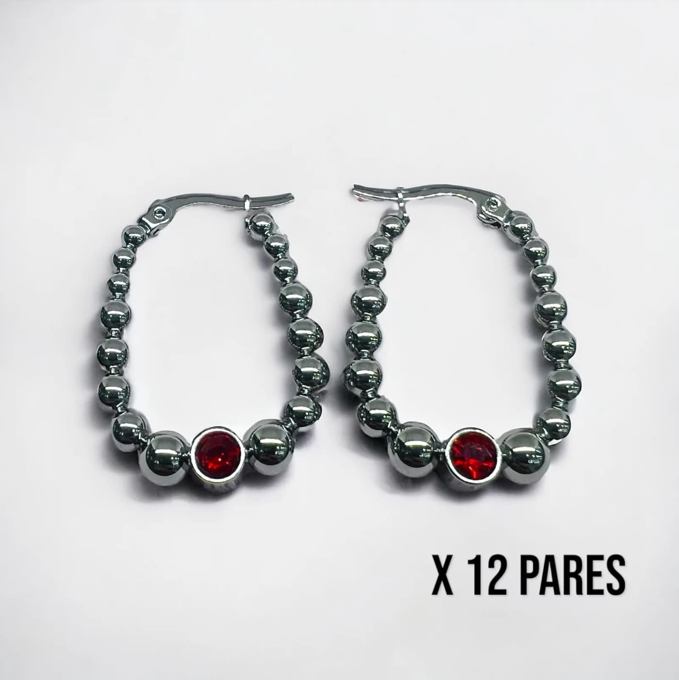 Pack 12 aritos plata con joya rojo (30mm)