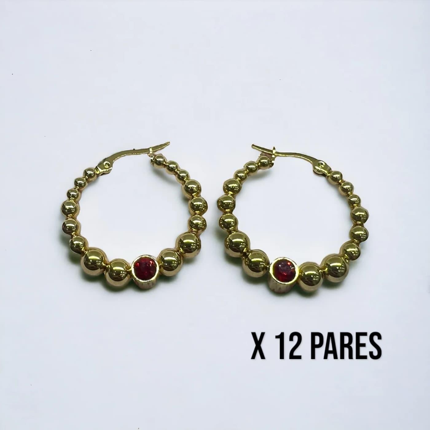 Pack 12 aritos dorado con joya rojo (30mm)