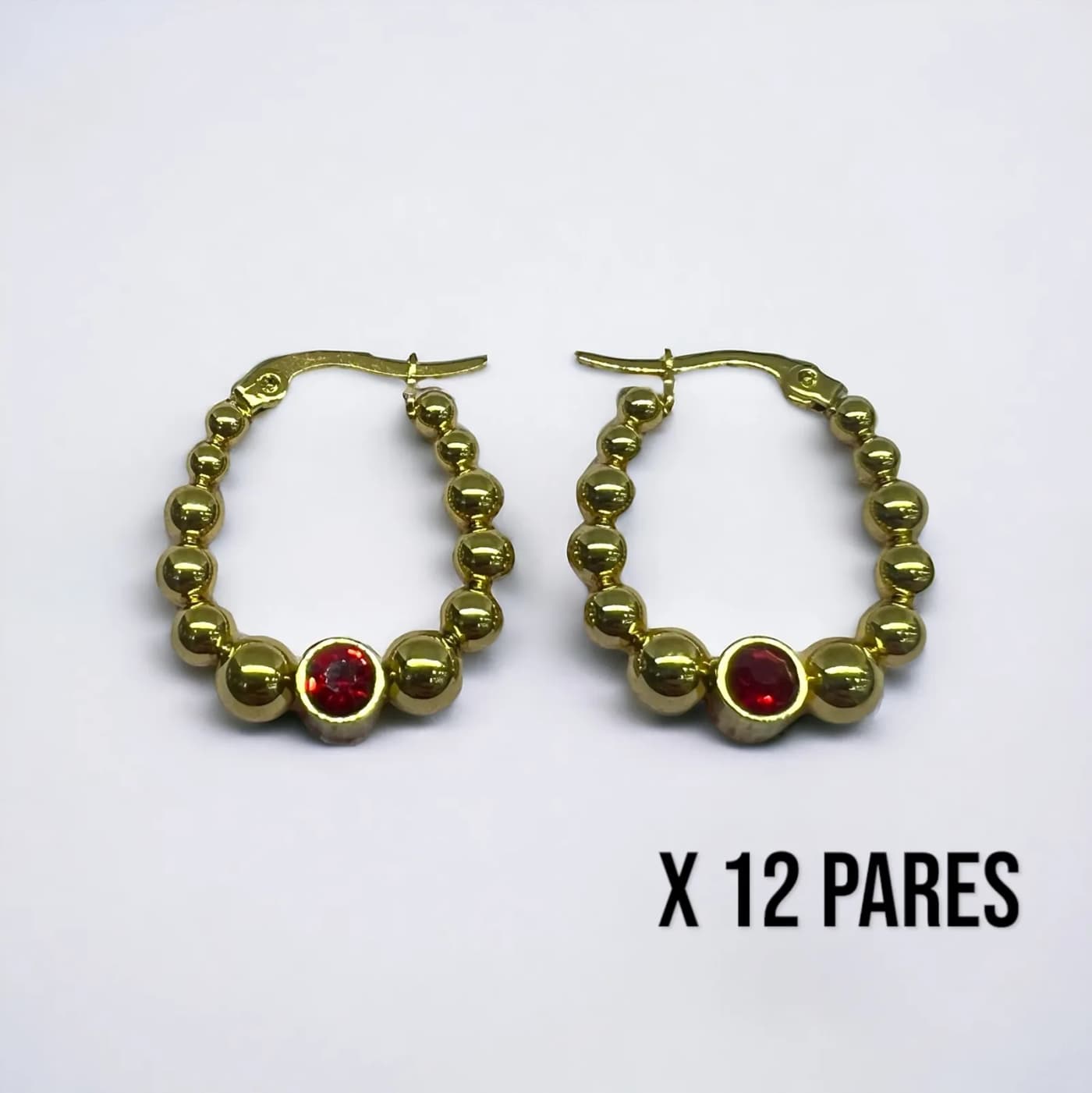 Pack 12 aritos dorado con joya rojo (25mm)
