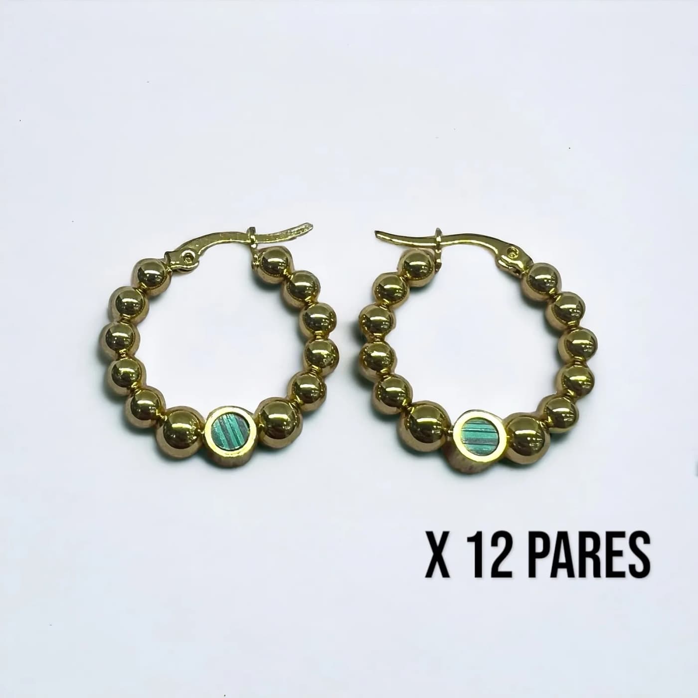 Pack 12 aritos dorado con verde (25mm)