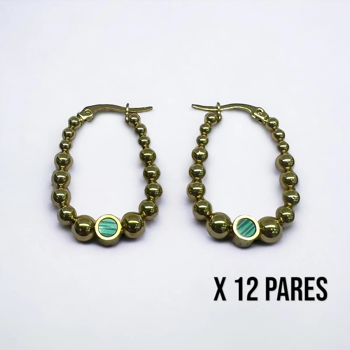 Pack 12 aritos dorado con verde (30mm)