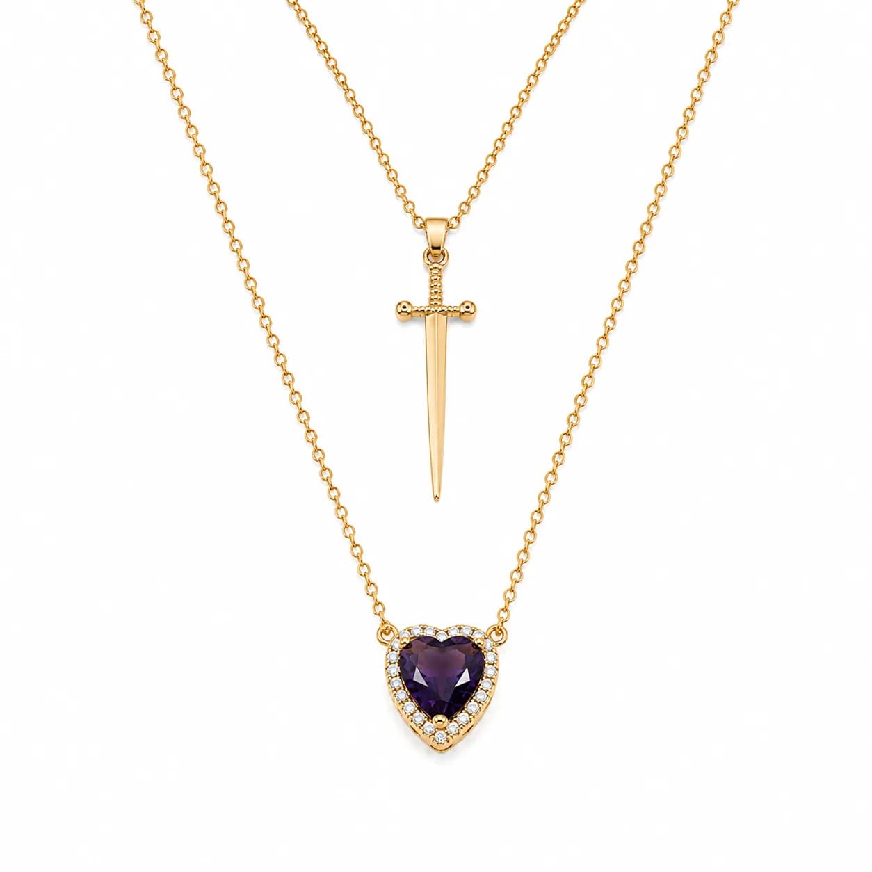 Collar doble corazon y espada violeta