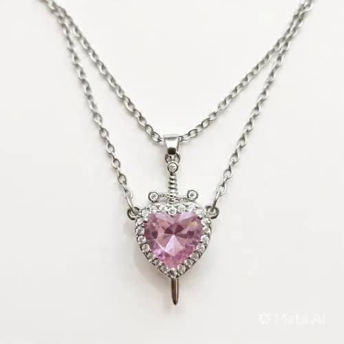 Collar doble corazon y espada rosa
