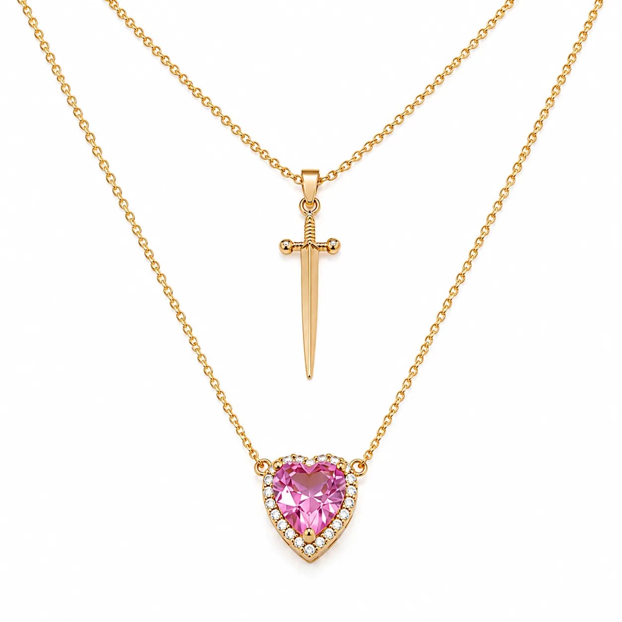 Collar doble corazon y espada rosa