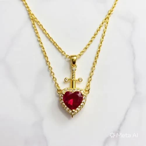 Collar doble corazon y espada rojo