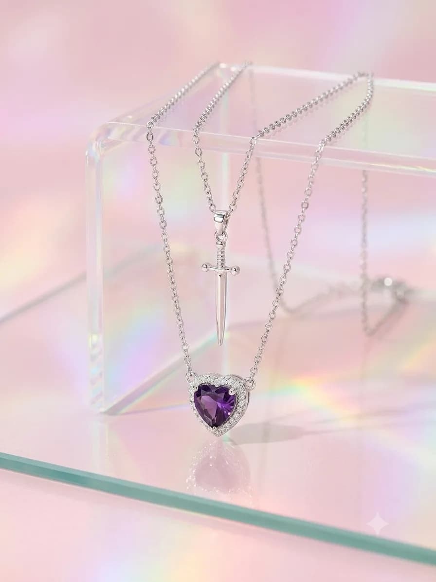 Collar doble corazon y espada violeta